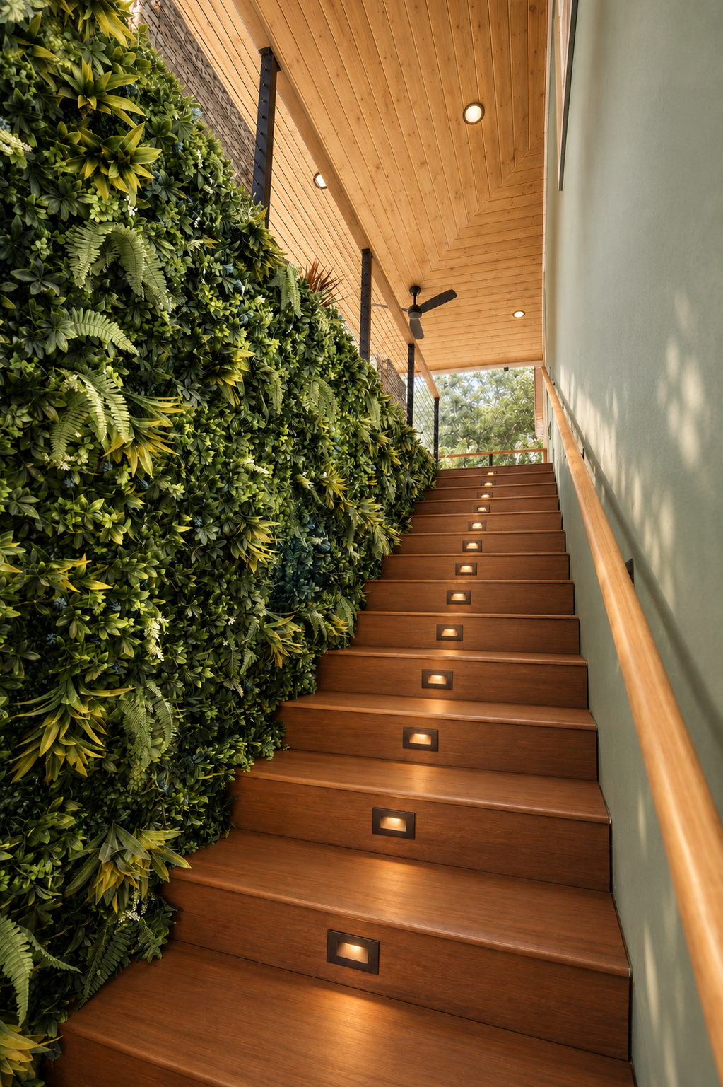The garden stair — walnut steps rising beside a living wall of green beneath a covered wood ceiling